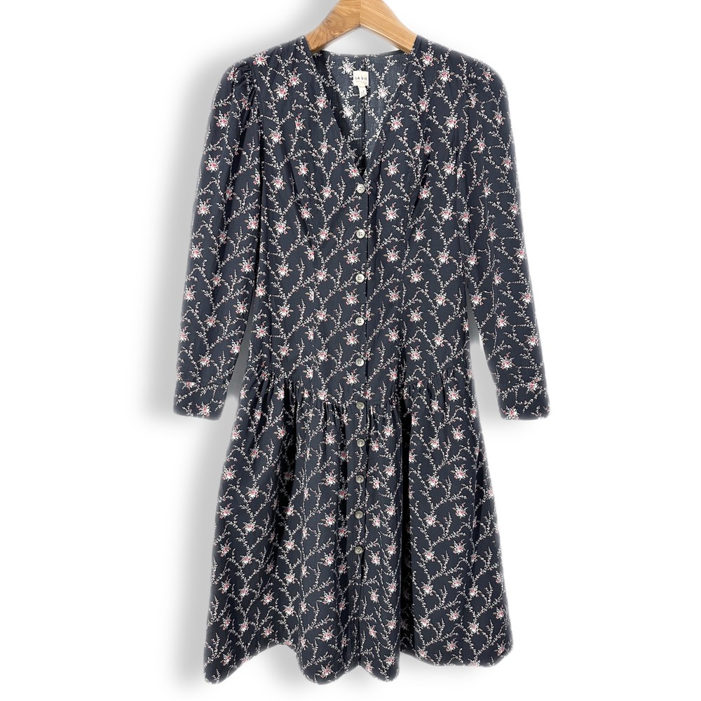 La Vie Rebecca Taylor Cotton Long Sleeve Drop Waist Floral Midi Dress Size Small